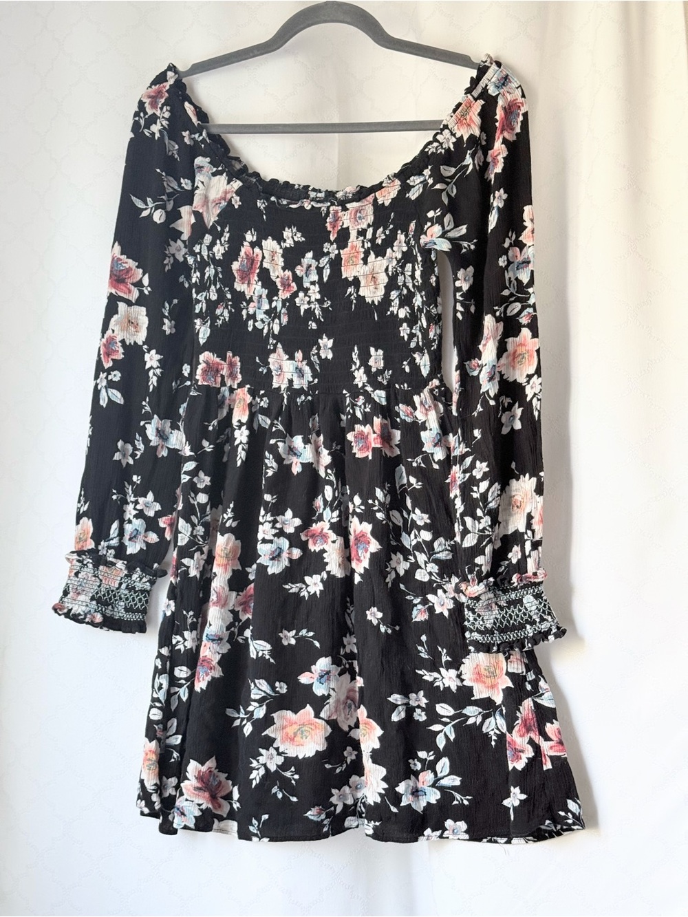American Rag Floral Off-The-Shoulder Smocked Mini Dress Black Boho size small